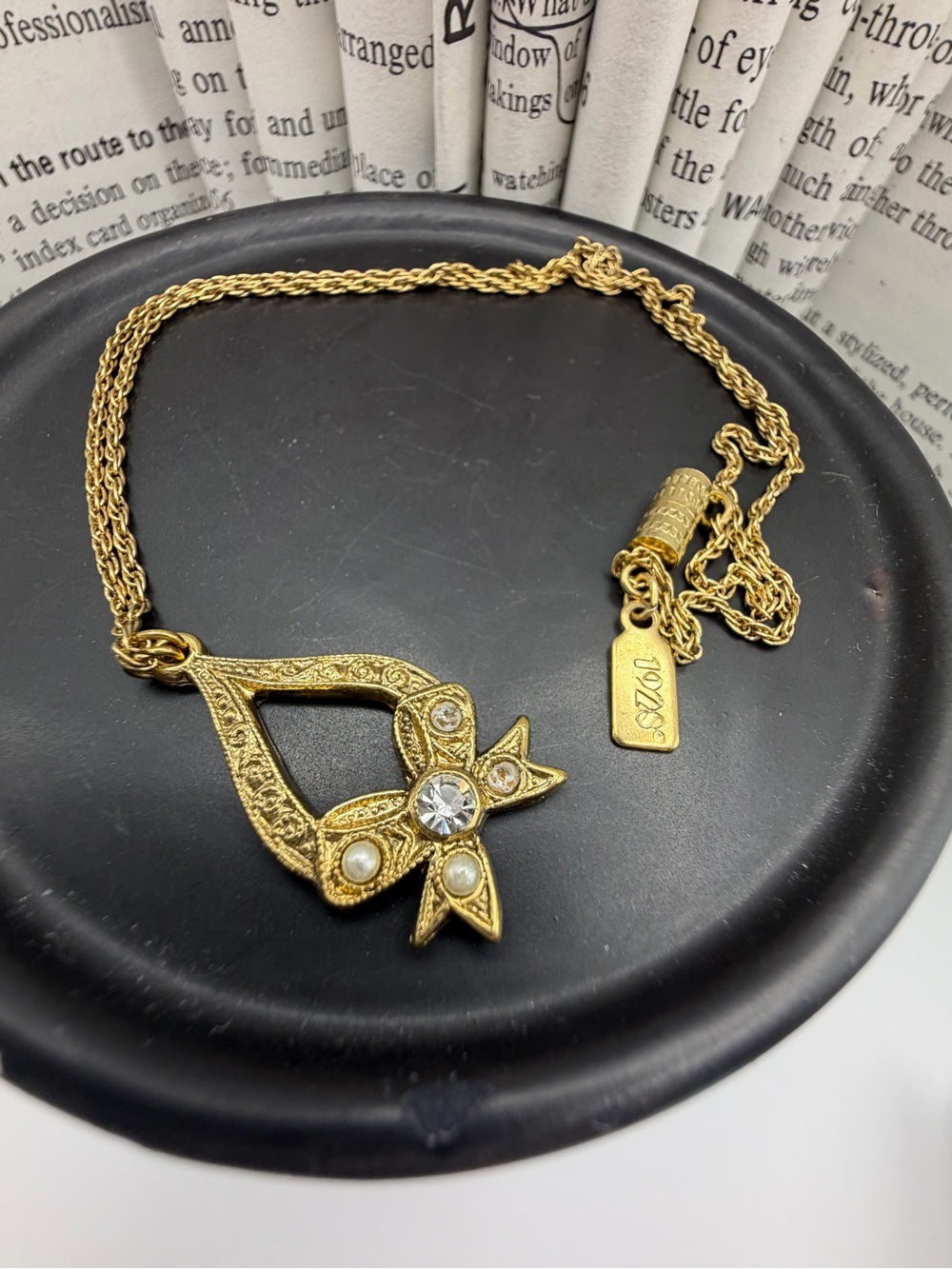 1928 Bow Pendant Necklace with Crystal and Pearl Accent